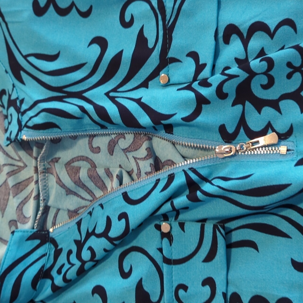 Bepei 2X Long Sleeve Blouse Turquoise Black Paisley Zipper - Picture 11 of 13
